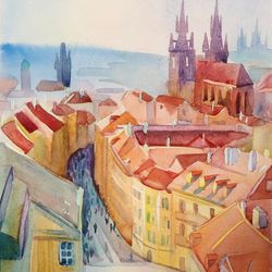 Prague city with its gothic architecture, red tiled roofs, narrow medieval streets and square, 9x12 inches