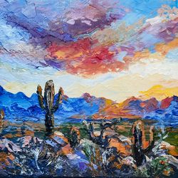 Saguaro cactus art Original acrylic painting Desert Arizona painting Cloud painting Mountain painting Small painting