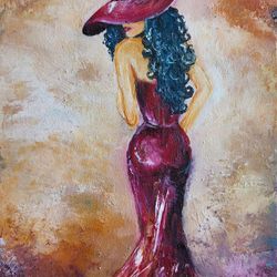 lady in red dress painting original art dancer in red art wall art 8 by12 inches riche art ready to ship.s