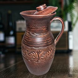 Pottery large Jug 101.44 fl.oz Handmade red clay Wine container Brown jug with lid