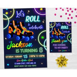 roller skate birthday invitation boy skating invitation skating party invite roller rink roller drome neon disco party