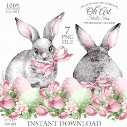 Easter Clip Art. Easter Wreath, Basket. Cute Bunny. Png File, Hand Drawn graphics. Digital Download. OliArtStudioShop
