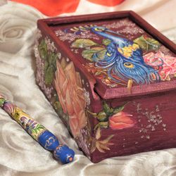 Hand painted wooden casket Peacock - custom Russian jewelry box