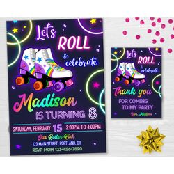Roller skate birthday invitation Girl skating invitation Skating party invite Roller rink Roller drome Neon disco party