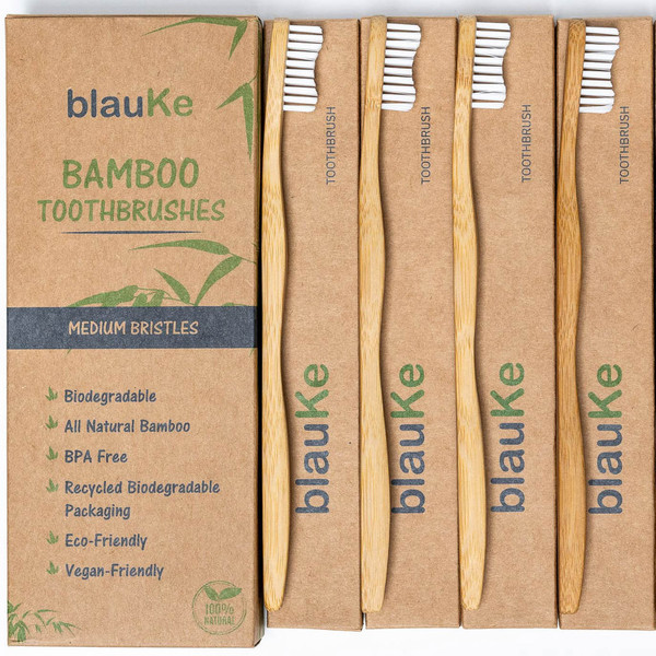 Bamboo Toothbrush Medium Bristle 4-Pack | Eco Friendly Wooden Toothbrushes Medium Bamboo Toothbrushes for Adults | Compostable Biodegradable & Natural Wood Toot