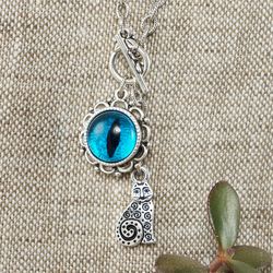 Blue Glass Cat Eye Necklace Evil Eye Necklace Silver Cat Charm Pendant Boho Toggle Necklace Cat Lover Gift Jewelry 6561