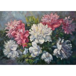 Peonies Impressionism Painting Flowers Original Art Canvas White Red Floral Wall Art