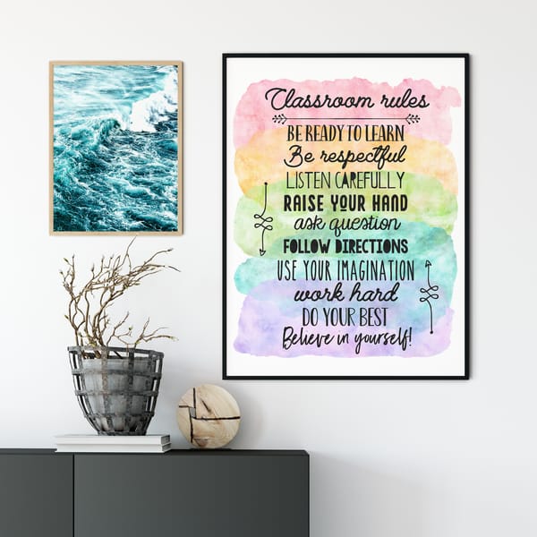 Classroom Rules Poster, Rainbow Printable Wall Art, Teacher - Inspire ...