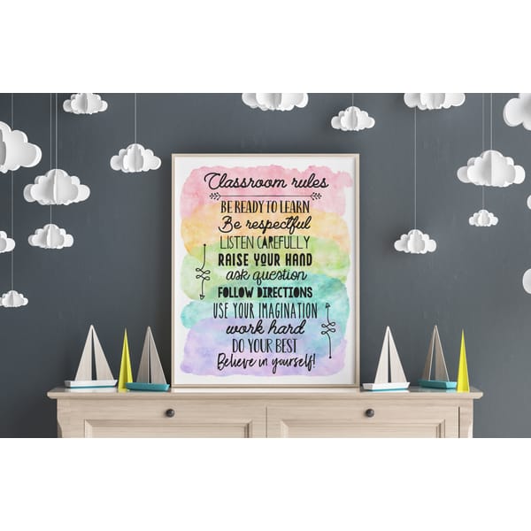 Classroom Rules Poster, Rainbow Printable Wall Art, Teacher - Inspire ...