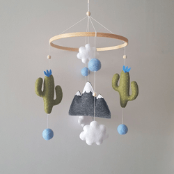 Cactus mountain mobile. Sky blue nursery decor. Baby crib mobile boy. Cactus mobile. Nursery mexican decoration.