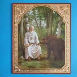 Saint Seraphim of Sarov feeding the bear icon | Orthodox gift | free shipping from the Orthodox store