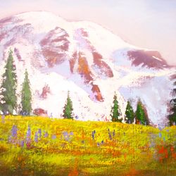 Mount Rainier Painting "BLUEBONNETS ON Mt RAINIER" Painting on Canvas Original Art by "Walperion Paintings"