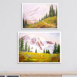 2 Mount Rainier Paintings, Diptych, Framed Mountain Paintings on Canvas Original Landscape Art by "Walperion Paintings"