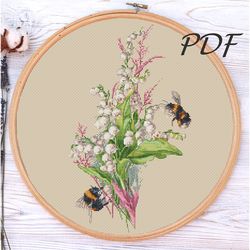Cross stitch pattern Bumblebees in lilies of the Valley cross stitch design for embroidery pdf