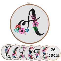 Black floral alphabet cross stitch pattern, 26 Letters