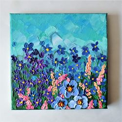 Bright floral wall art impasto painting of wildflowers