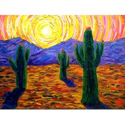 Desert Painting Cactus Original Art Arizona Painting Saguaro Landscape Painting On Canvas Art 12" x 16" By Colibri Art