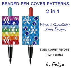 Colorful Snowflakes Bead Pen Wrap Patterns Merry Christmas Peyote Pen Cover How To Make Beaded Pen Do It Yourself Gifts