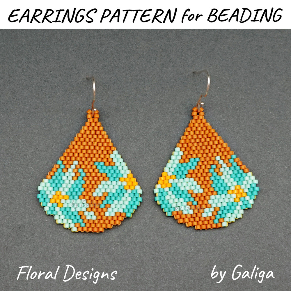Blue Flowers On Brown Drop Earrings Pattern Seed Bead Floral Jewelry Design Floral Beading Pattern 0