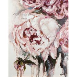 Peony Oil Painting Flower Original Art Rose Artwork Floral Oil Painting Impressionist Impasto Wall Art Abstract Peonies