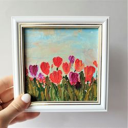 Tulips original painting, Tulip field impasto painting, Floral wall decor, Red pink tulips flowers small art