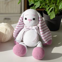 Handmade white bunny toy with long pink striped ears, crochet bunny baby gift for Easter of birthday