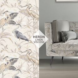 Heron Fabric, Fabric with Herons, Linen and Viscose Fabric, Nature Fabric, Fabric with Birds, Natural Heron Fabric