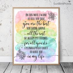 You Are The Best Quotes, Rainbow Printable Wall Art, Appreciation Gifts, End Of Year Thank You Gifts For Teachers, Class