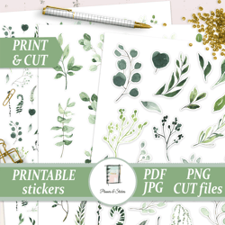 Watercolor Greenery Die Cut Stickers, Foliage Printables for Garden Journal, Plants Planner, Scrapbooking Card, Cut File
