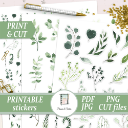 watercolor greenery die cut stickers, foliage printables for garden journal, plants planner, scrapbooking card, cut file