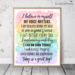 I Believe In Myself, Rainbow Classroom Printable Art, School Counselor Office Decor, Affirmation Quotes, Growth Mindset