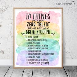 10 Things For Student, Rainbow Classroom Printable Art, School Counselor Office Decor, Affirmation Quote, Growth Mindset