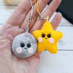 Cute moon and star phone charm, Kawaii phone charm, Plush keychain, Bag charm, Purse charm, Cool keychain, Mini plush
