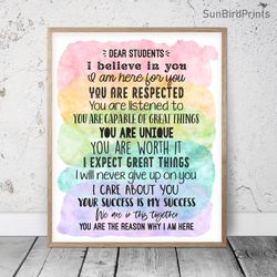 Dear Students I Believe In You, Rainbow Printable Art, Classroom Inspirational Quotes, Motivational Poster For Students