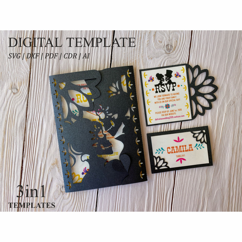 Skeleton bride & groom mexican wedding invitations template SVG