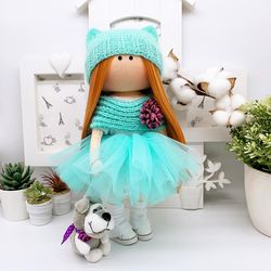 Textile doll Tilda with one stunning  Dog Art Doll Cloth Doll Handmade Dolls Rag Doll Custom Doll Rag Doll Cloth Doll