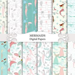 Mermaid seamless pattern, digital paper pack.
