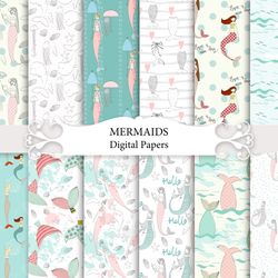 mermaid seamless pattern, digital paper pack.