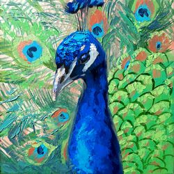 Peacock Painting Bird Original Art Animal Artwork Impasto Oil Painting Small 8 by 8 inches