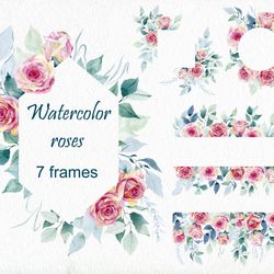 Watercolor roses frame, floral border png.