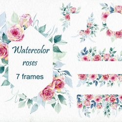 watercolor roses frame, floral border png.