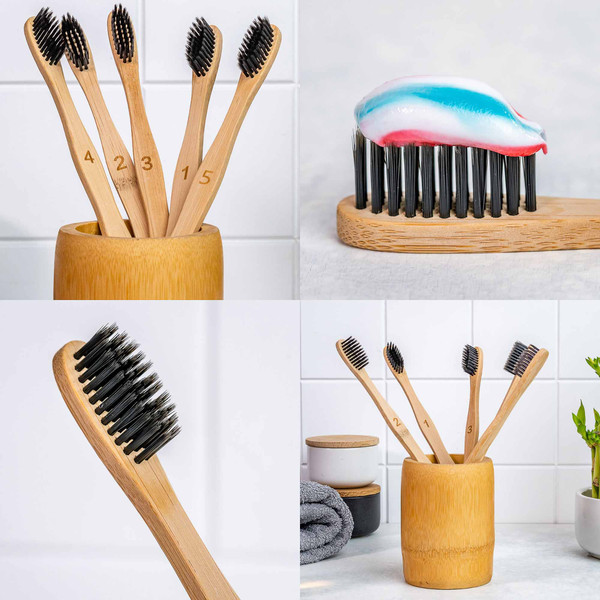 Bamboo Toothbrush Medium Bristle 4-Pack _ Eco Friendly Wooden Toothbrushes Medium Bamboo Toothbrushes for Adults _ Compostable Biodegradable _ Natural Wood Toot