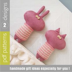 Stuffed animals patterns PDF Pink Cat and Rabbit in striped sweaters, set of 2 tutorials in English