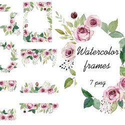 watercolor roses frame, floral border clipart, png.