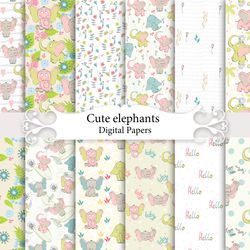 Cute elephant, seamless patterns.