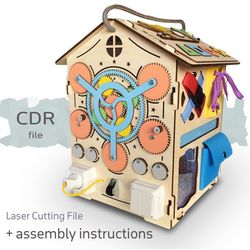 CDR, Busy House, DXF, Busy Board, Montessori Toy, Laser Cutting Drawing, Cut Files,  Project, Laser Design.