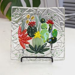 Cactus fused glass dish - Succulents decorative green platter - glass planter plates
