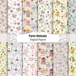 cute farm animals, seamless patterns.