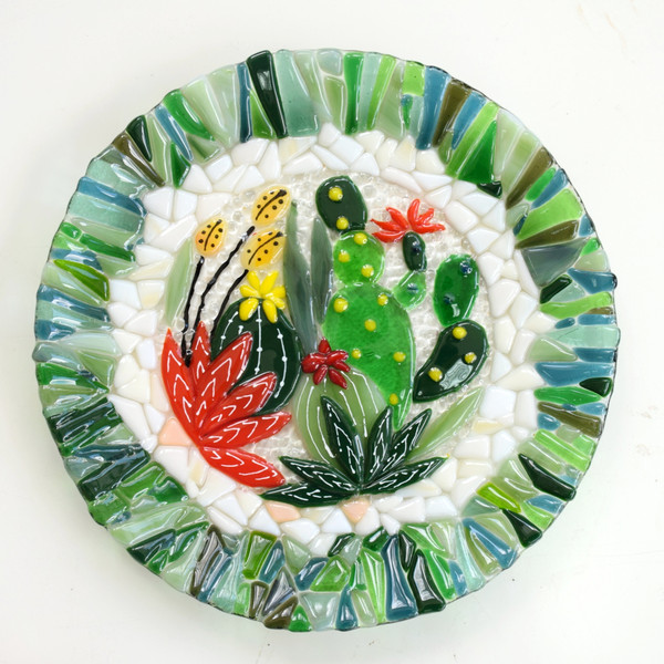 Succulents decorative green platter - cactus fused glass dish - glass planter plates