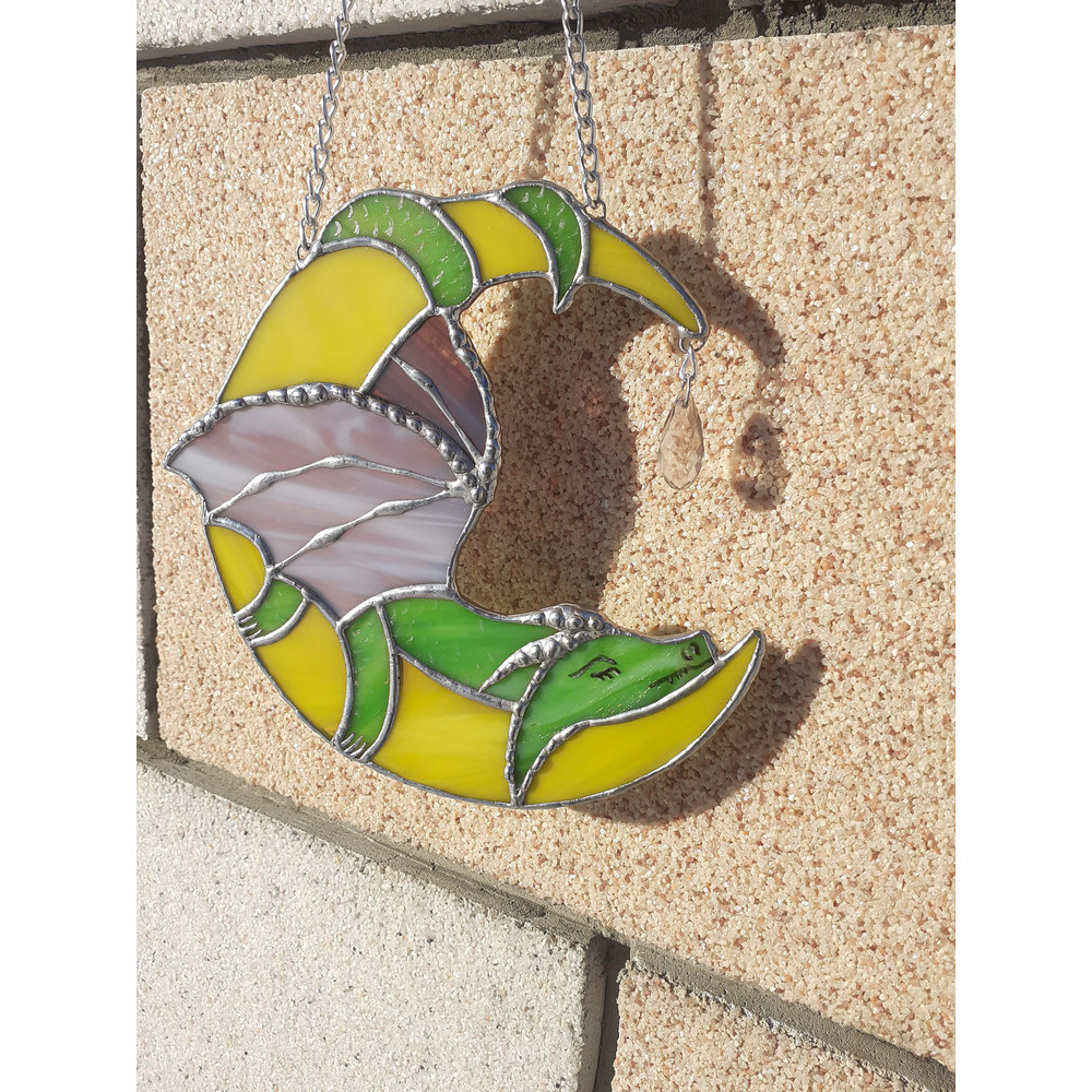 Dragon Stained Glass Dreamcatcher Moon Suncatcher Dragon On Moon Window Hanging Ornament Crescent Moon Christmas Decor 3
